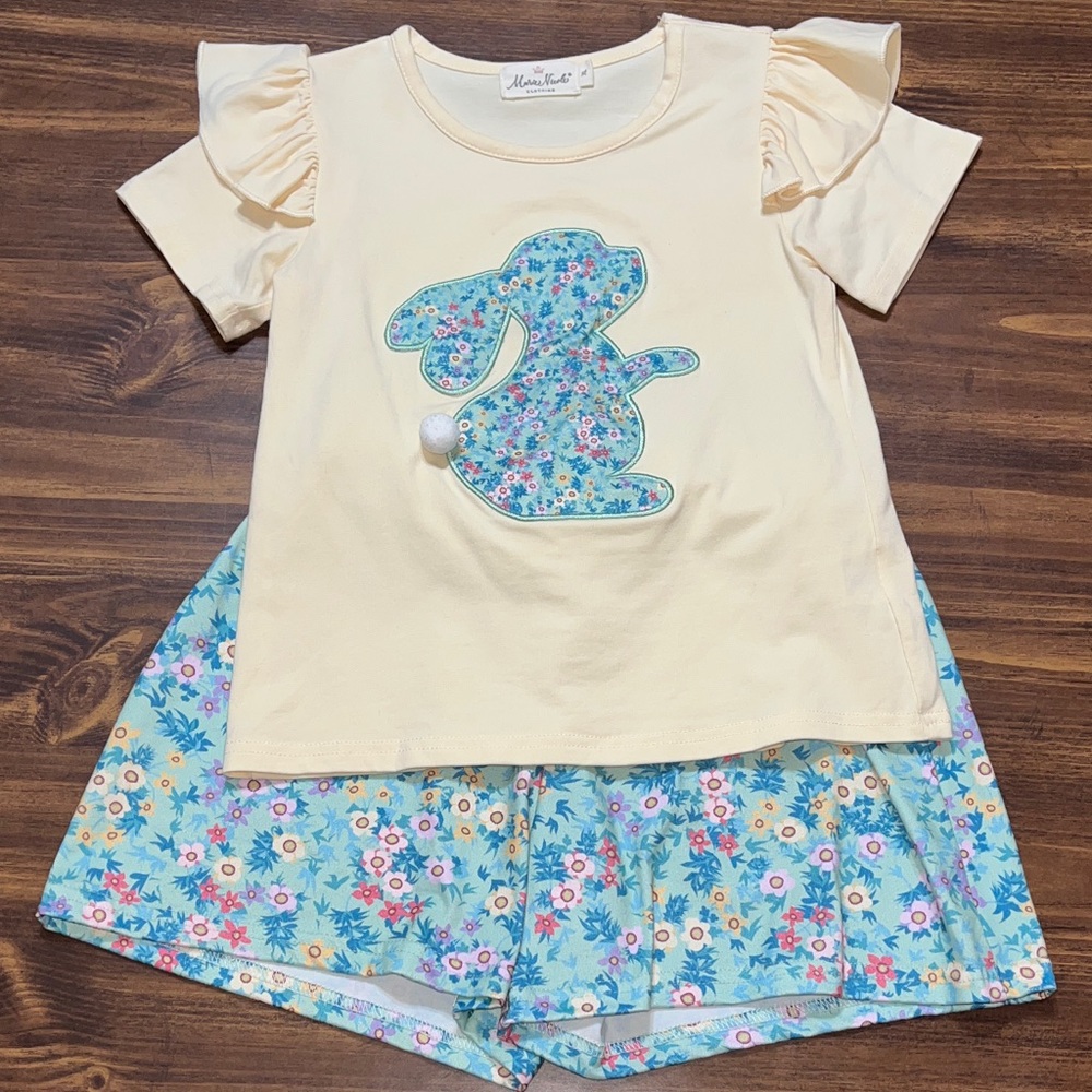 Marie Nicole Clothing Floral Bunny Kids Set - Cream and Blue size XL
